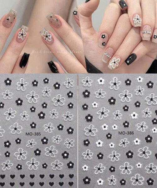 Sticker nail hoa nhỏ trắng đen