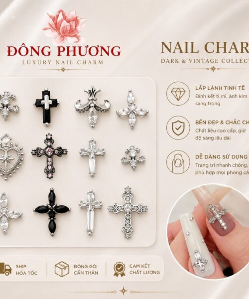 Đá đính móng trái tim đen retro cao cấp